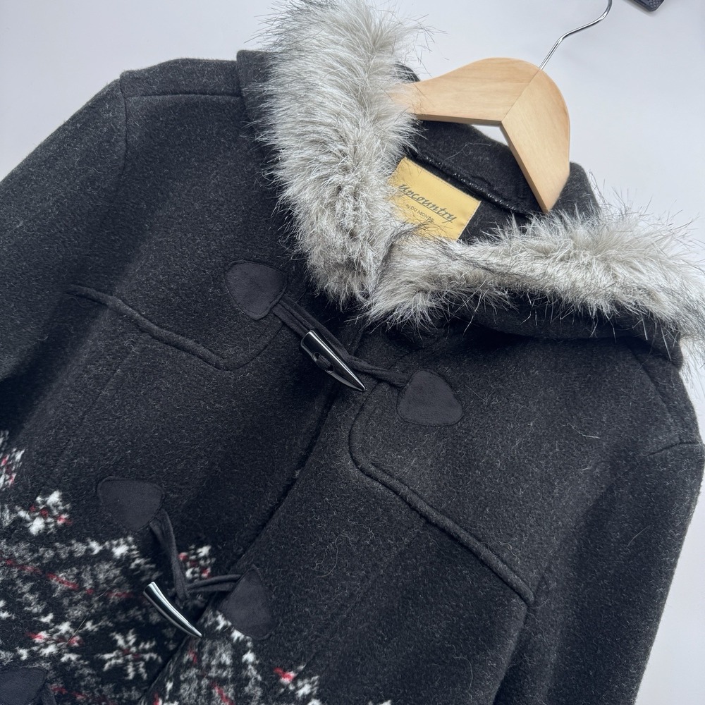Upcountry by Du Monde Toggle Duffle Coat Faux Fur Hood Nordic Pattern Womens L